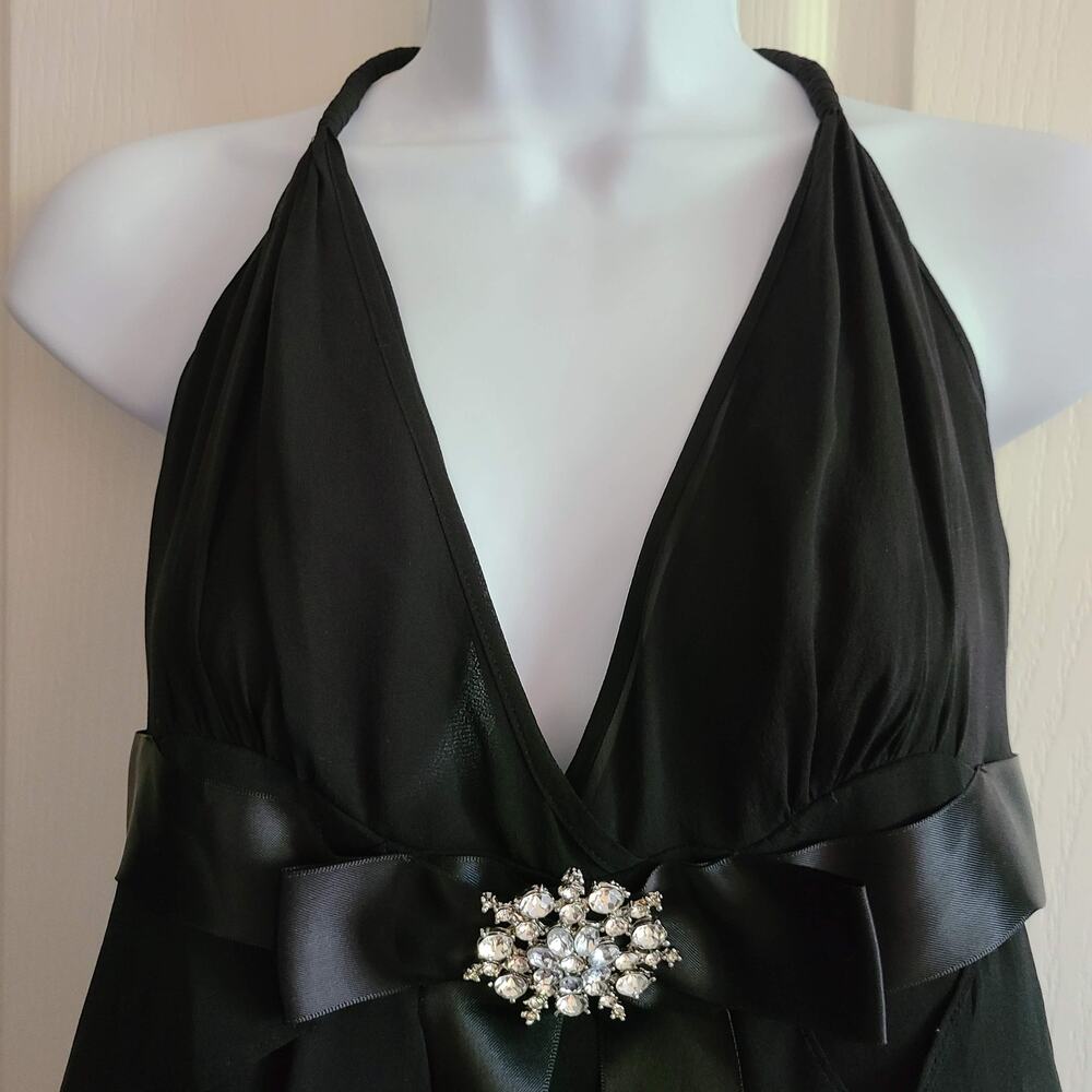 Adrianna Papell Black Halter Ruffle Midi Dress with Rhinestone Brooch - Picture 2 of 11